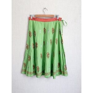 Boho Indian Peppermint Bay Wrap Skirt M Green Gold Sequin Tassel Midi Cotton